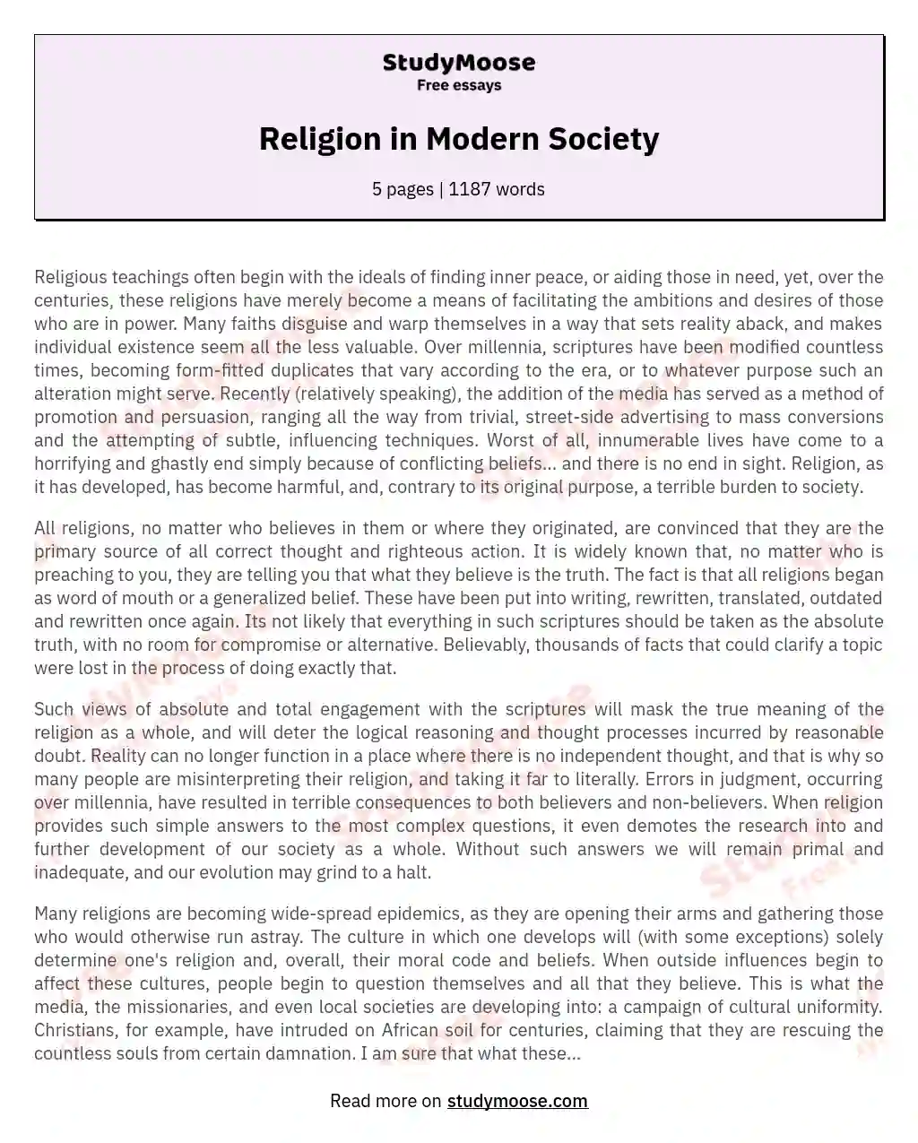 Religion in Modern Society essay