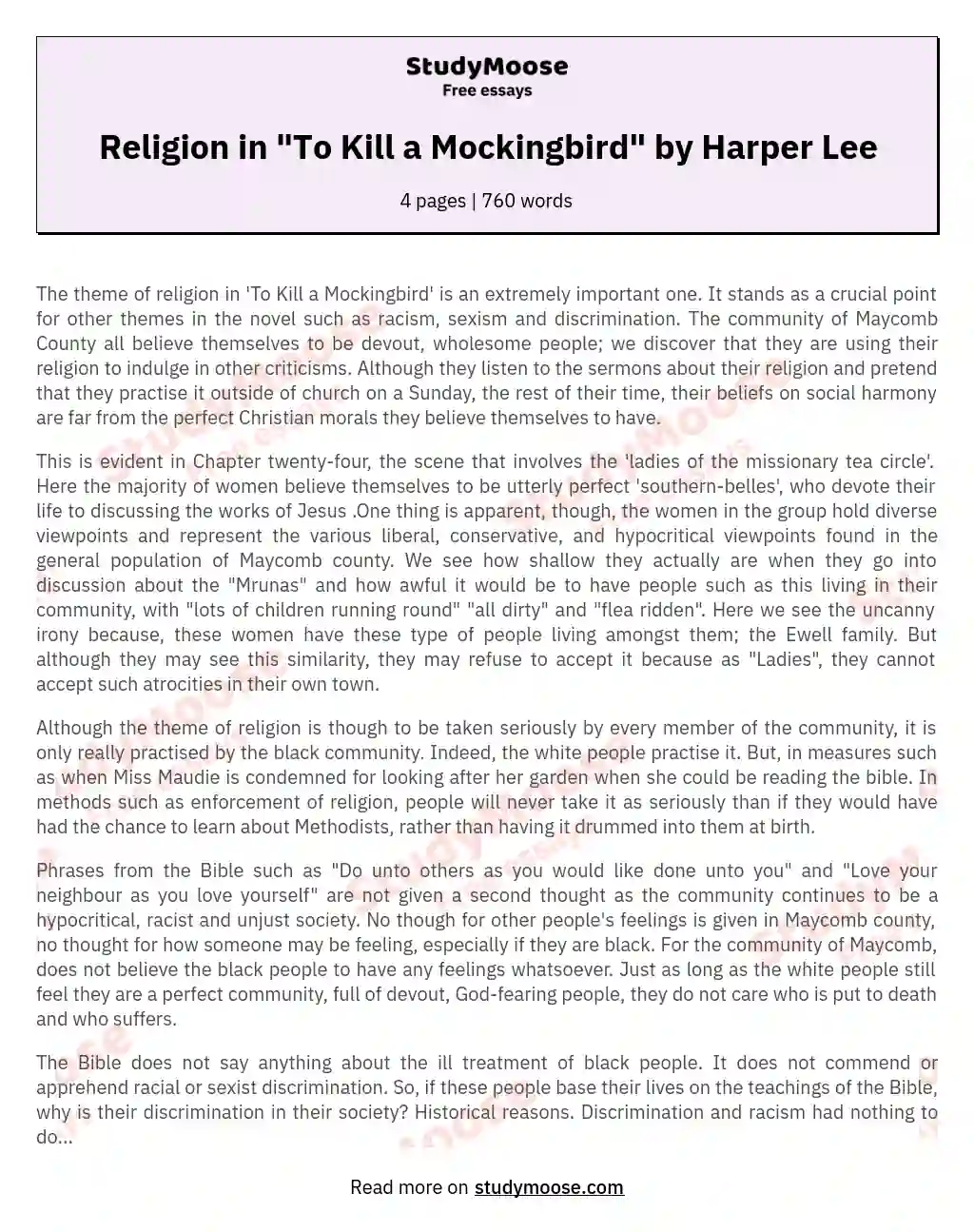 To Kill a Mockingbird: Religious Hypocrisy and Societal Dynamics essay