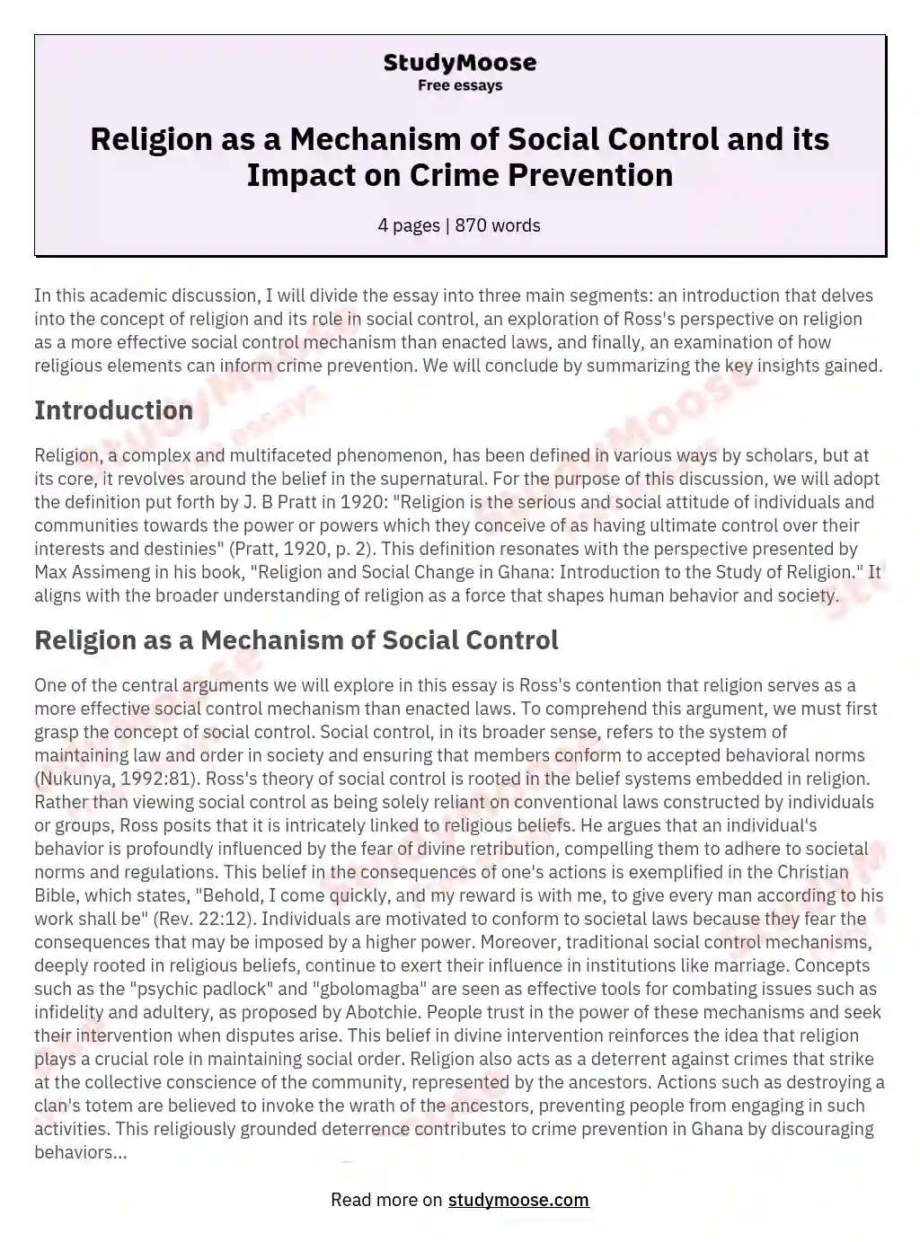 Religion as a Mechanism of Social Control and its Impact on Crime Prevention essay