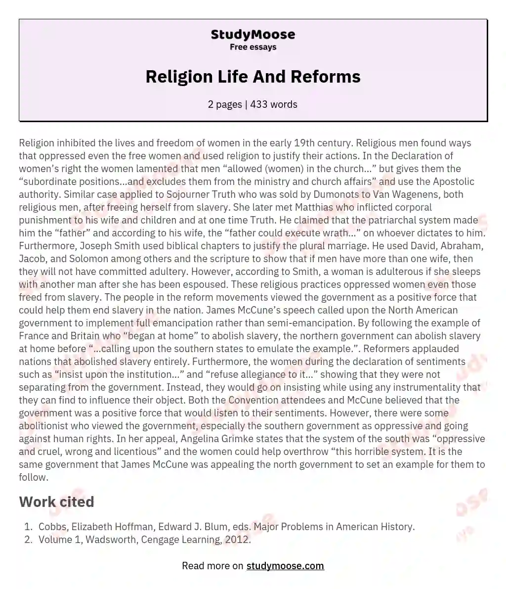 Religion Life And Reforms essay