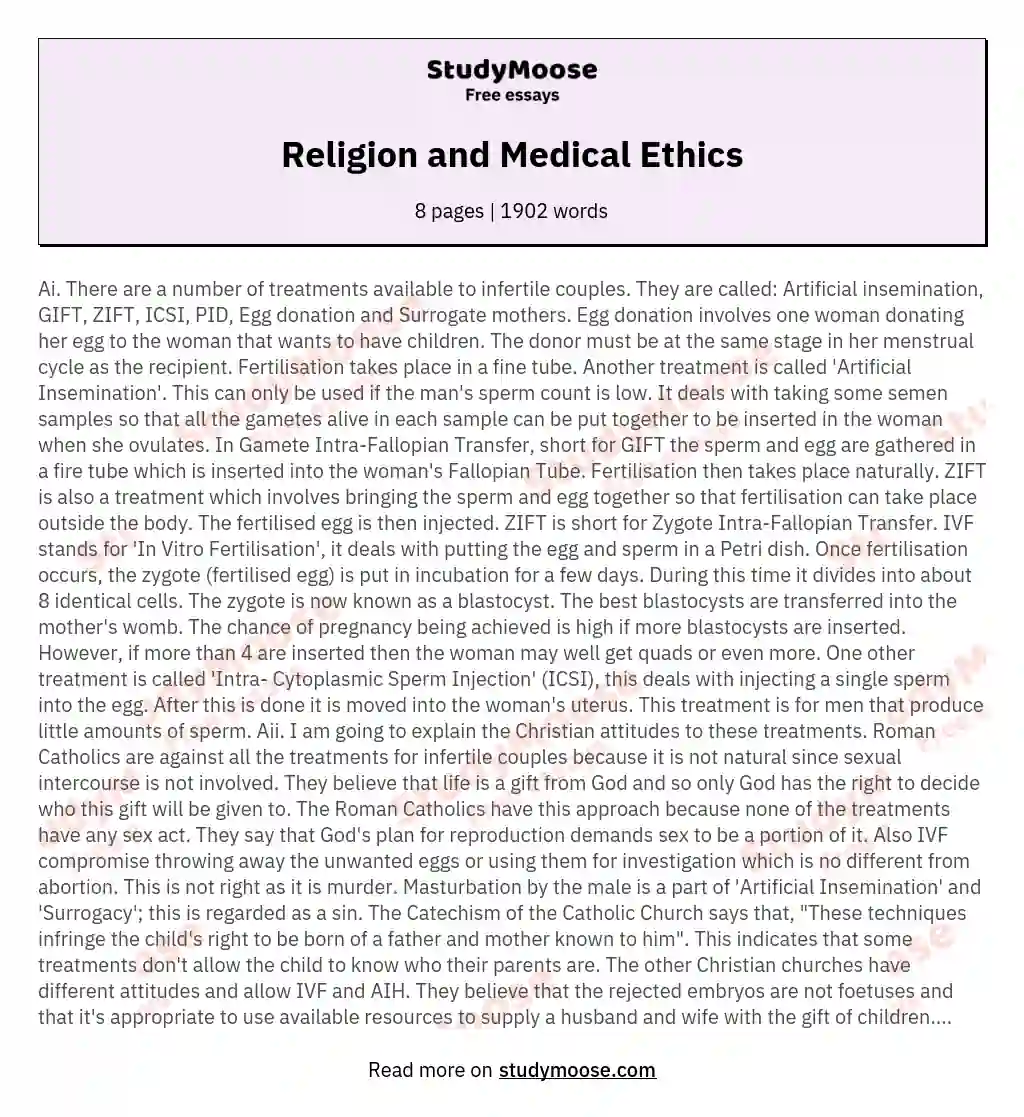 Religion and Medical Ethics essay