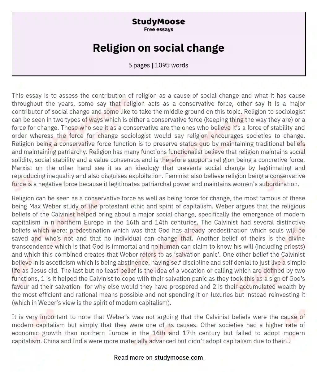 Religion on social change essay