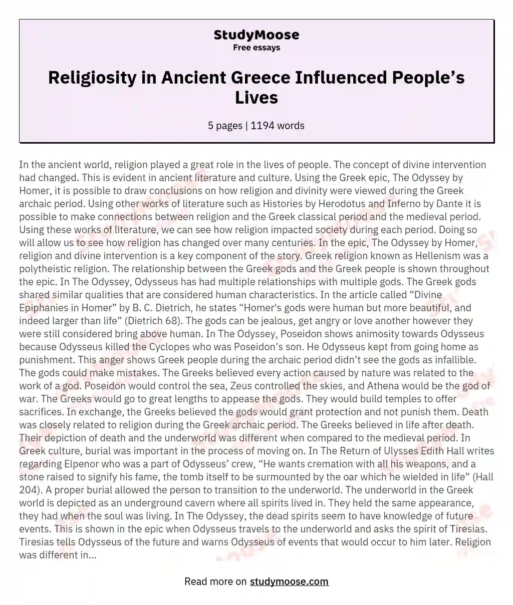 Religiosity in Ancient Greece Influenced People’s Lives essay