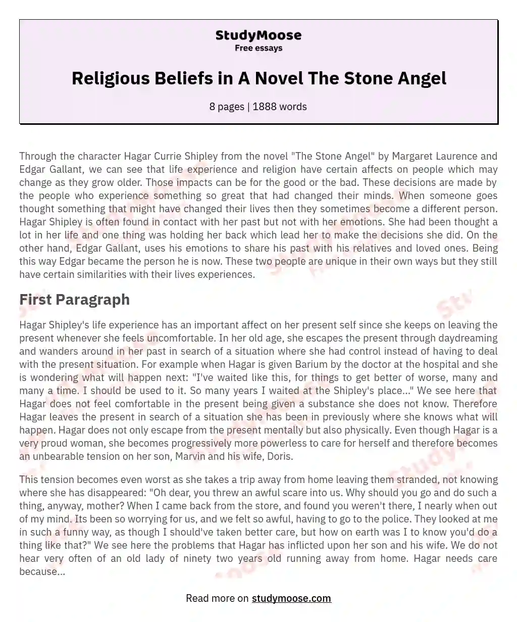 Religious Beliefs in A Novel The Stone Angel essay