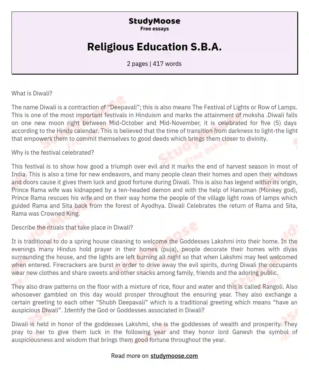Religious Education S.B.A. essay