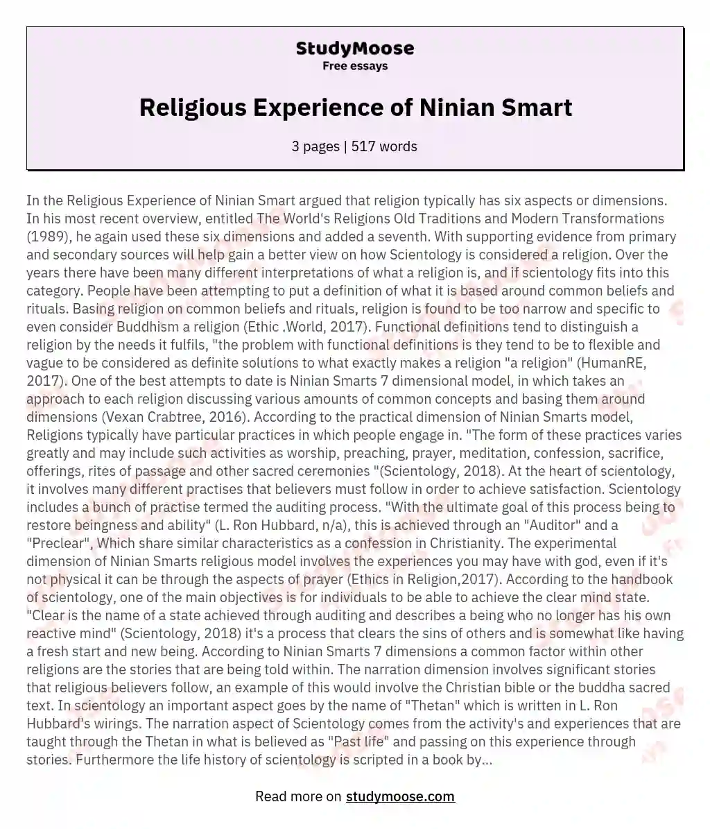 Religious Experience of Ninian Smart essay