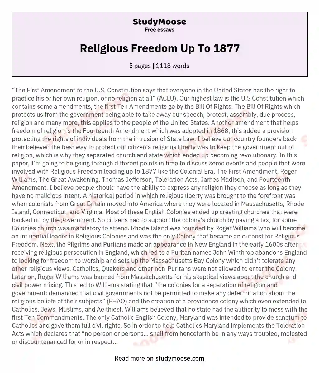 Religious Freedom Up To 1877