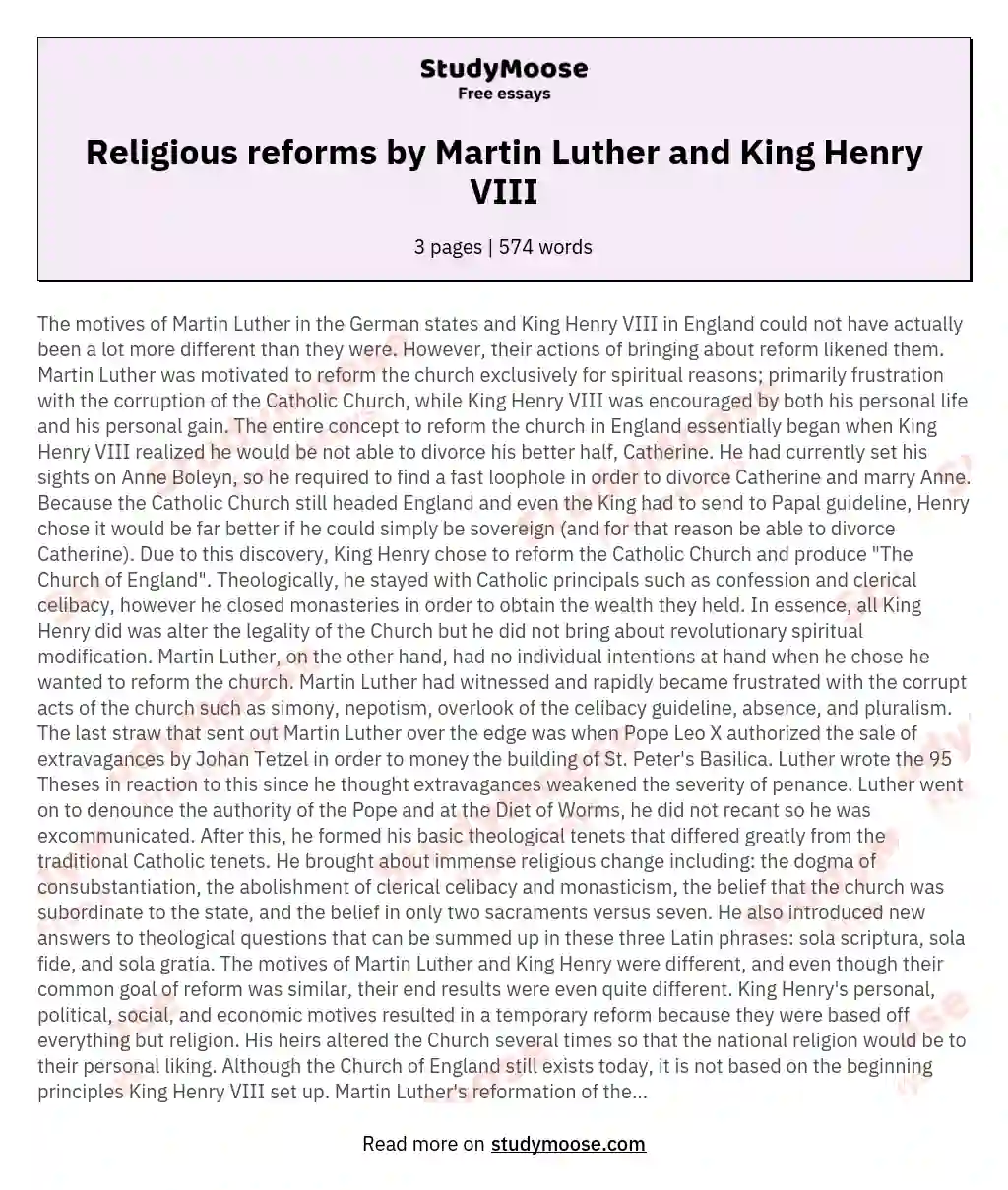 Religious reforms by Martin Luther and King Henry VIII