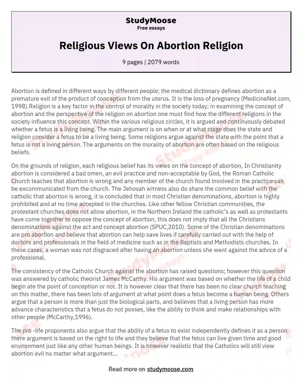 Religious Views On Abortion Religion essay