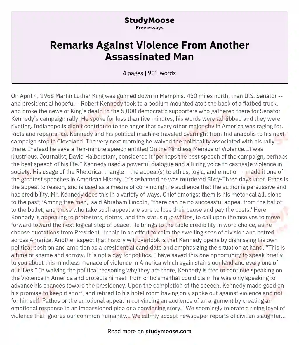 Remarks Against Violence From Another Assassinated Man essay
