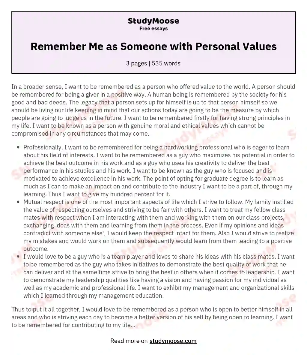 Remember Me as Someone with Personal Values essay