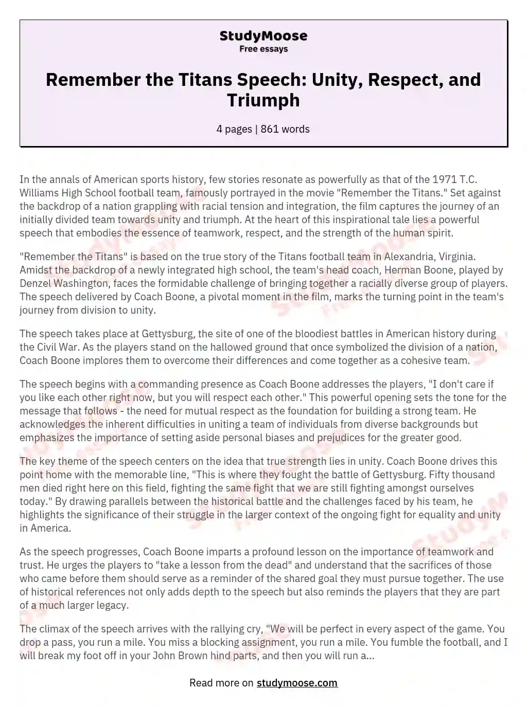 Remember the Titans Speech: Unity, Respect, and Triumph essay