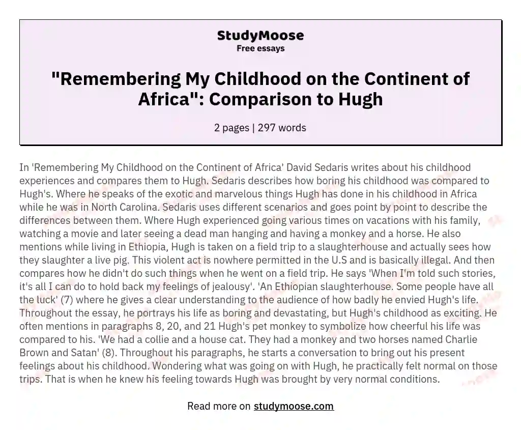 "Remembering My Childhood on the Continent of Africa": Comparison to Hugh