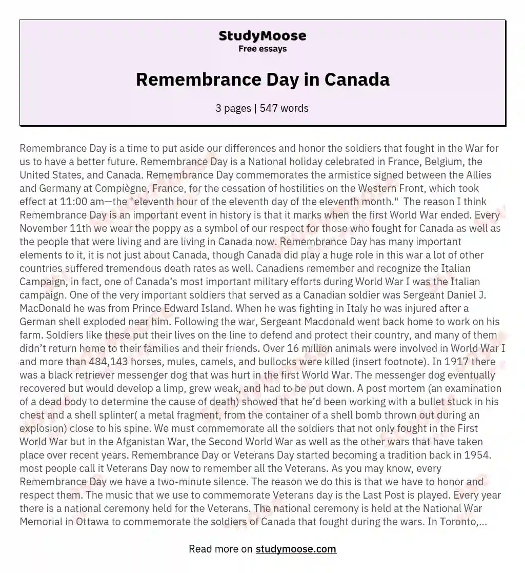 Remembrance Day in Canada essay