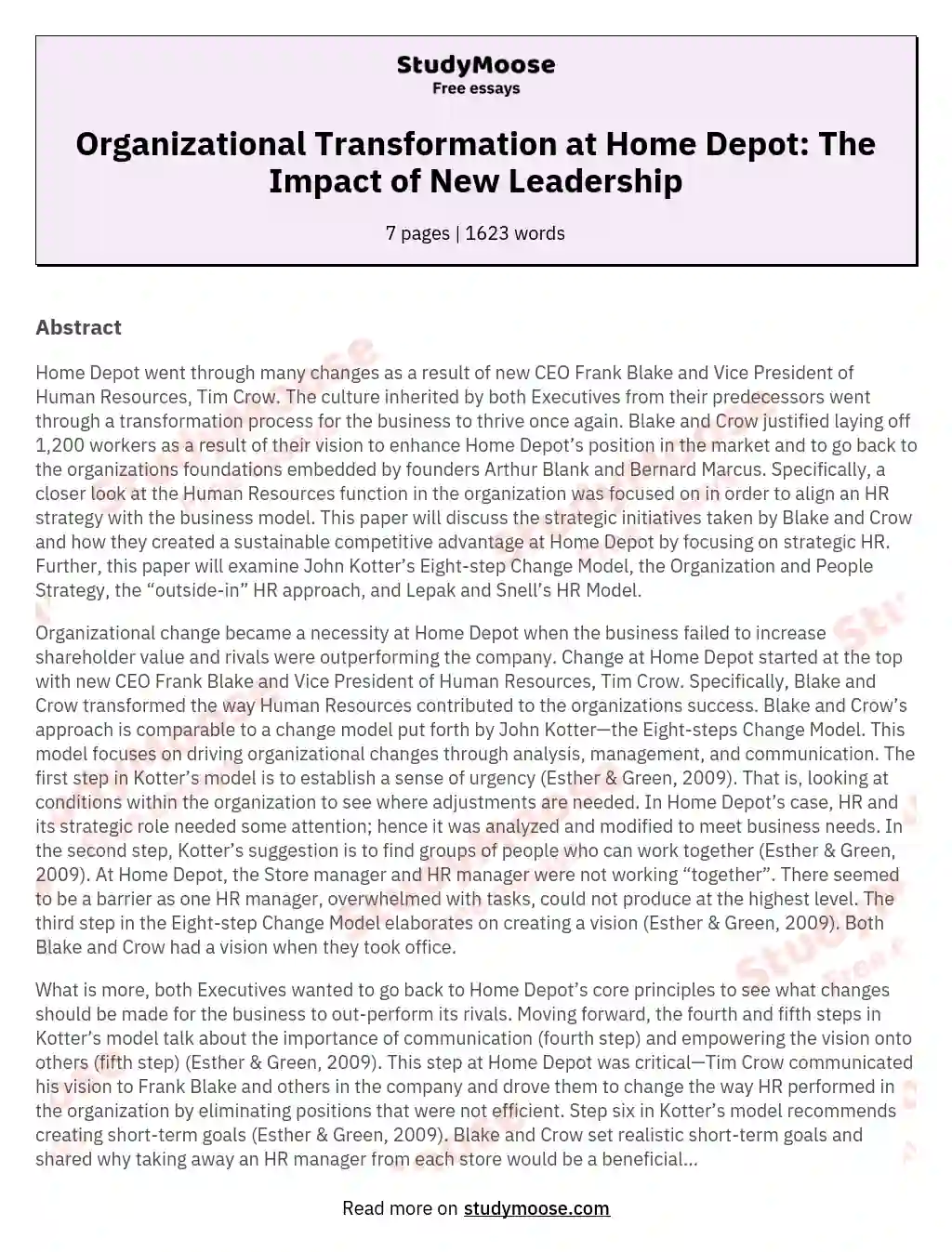 Organizational Transformation at Home Depot: The Impact of New Leadership essay