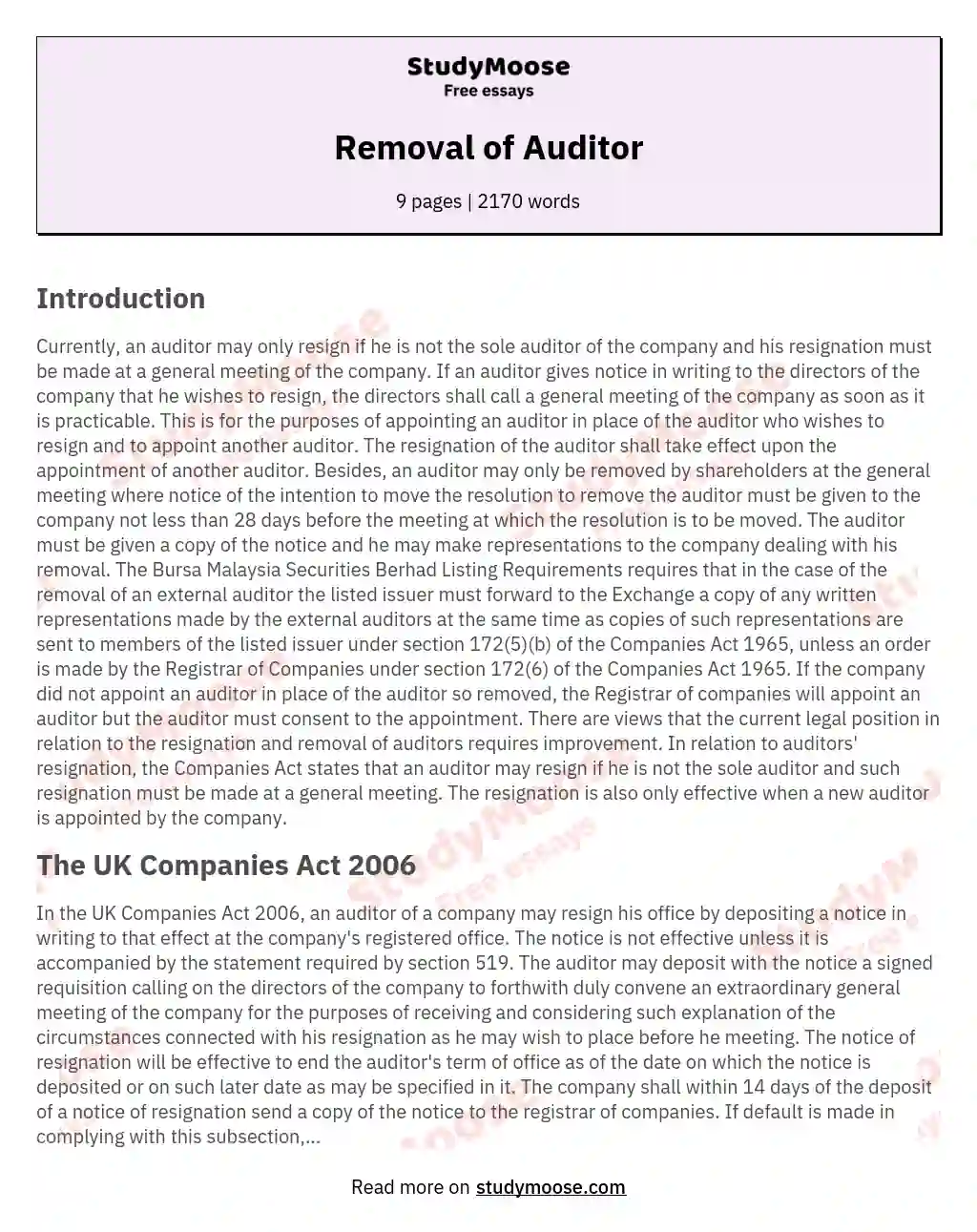 Removal of Auditor essay