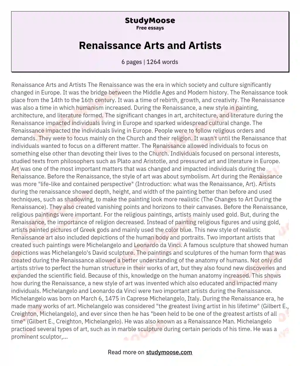 Renaissance Arts and Artists