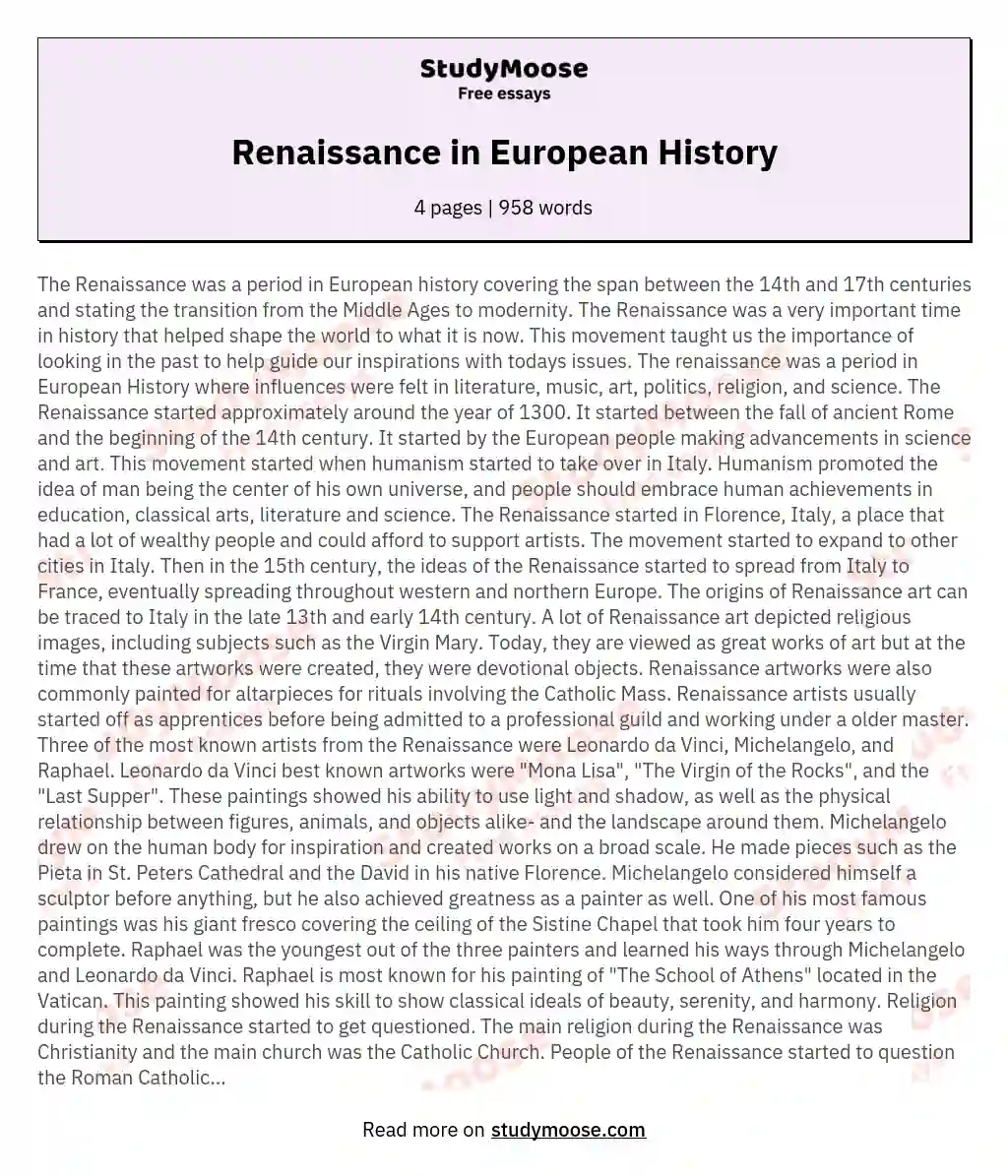 Renaissance in European History essay