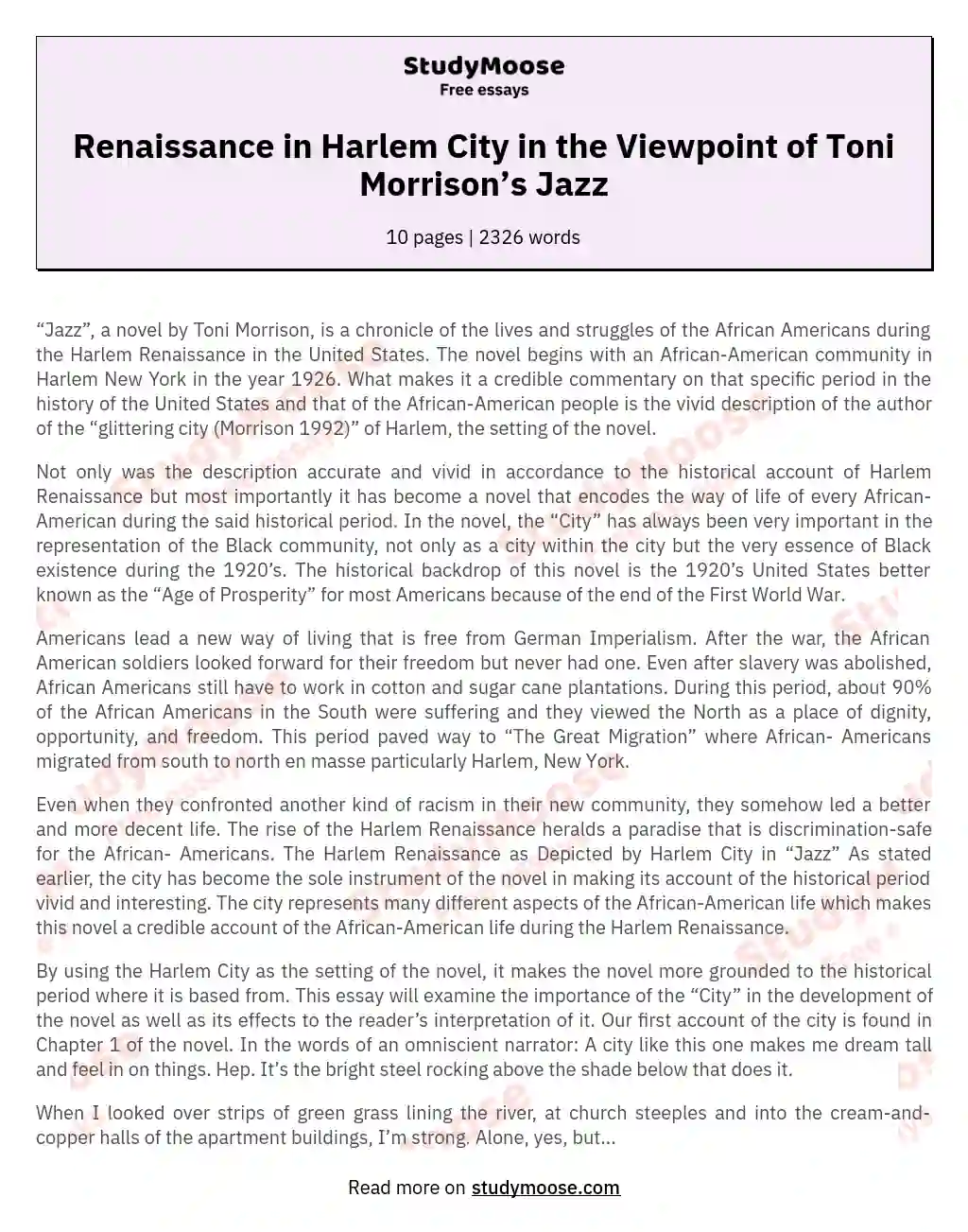 Renaissance in Harlem City in the Viewpoint of Toni Morrison’s Jazz essay