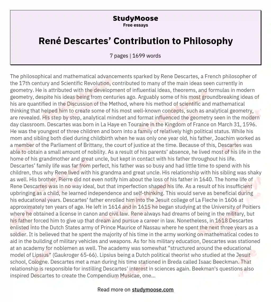 René Descartes’ Contribution to Philosophy essay