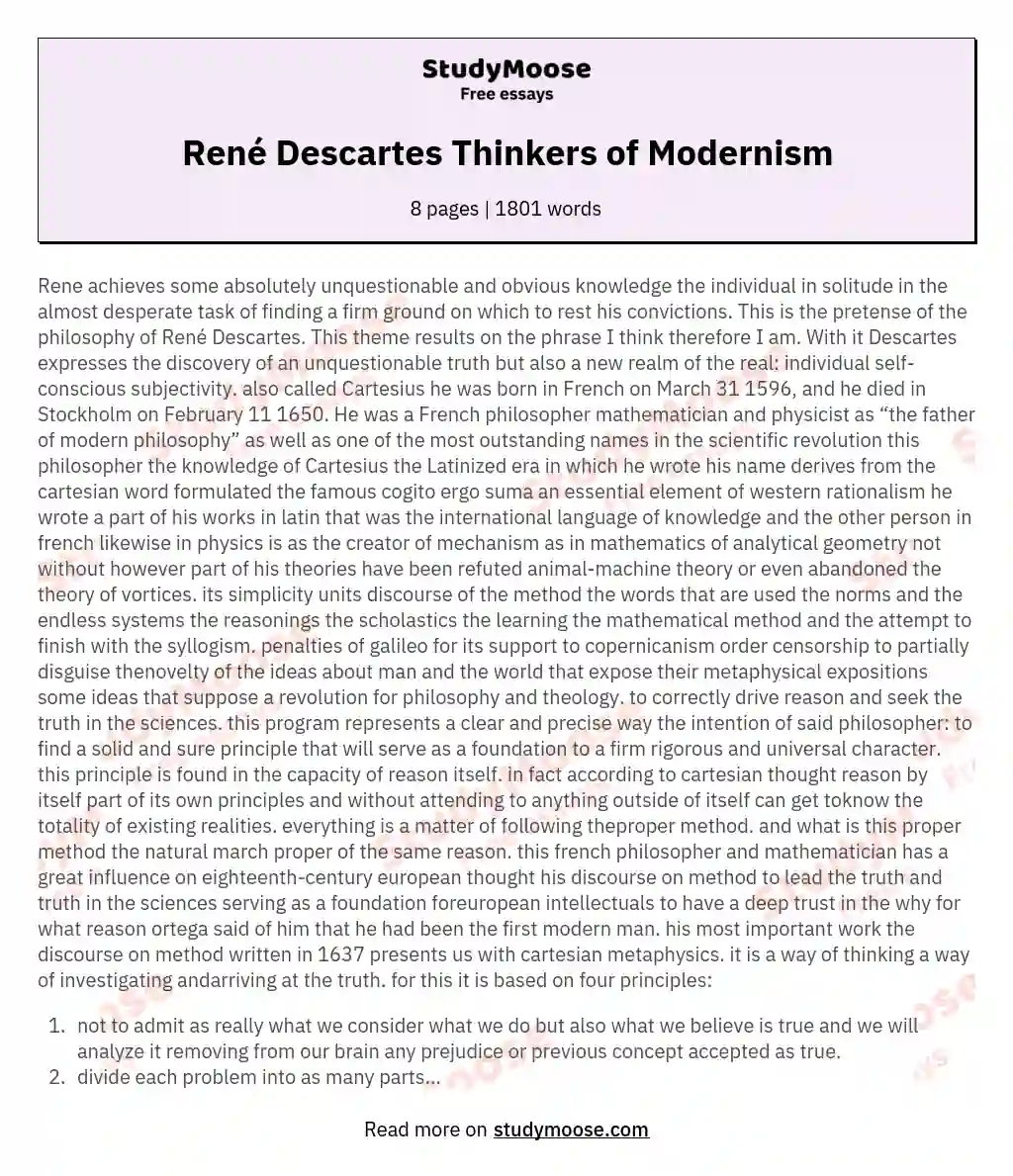 René Descartes Thinkers of Modernism essay