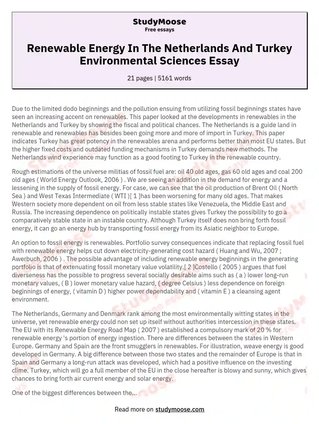 Renewable Energy In The Netherlands And Turkey Environmental Sciences Essay