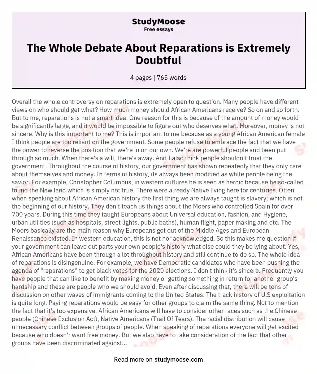 The Whole Debate About Reparations is Extremely Doubtful essay