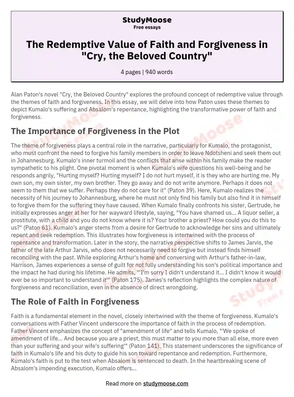The Redemptive Value of Faith and Forgiveness in "Cry, the Beloved Country" essay