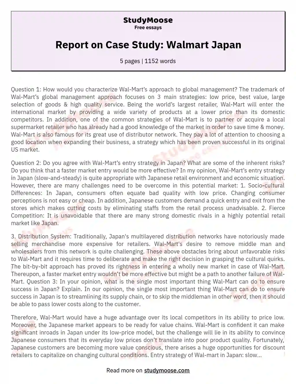 Report on Case Study: Walmart Japan essay