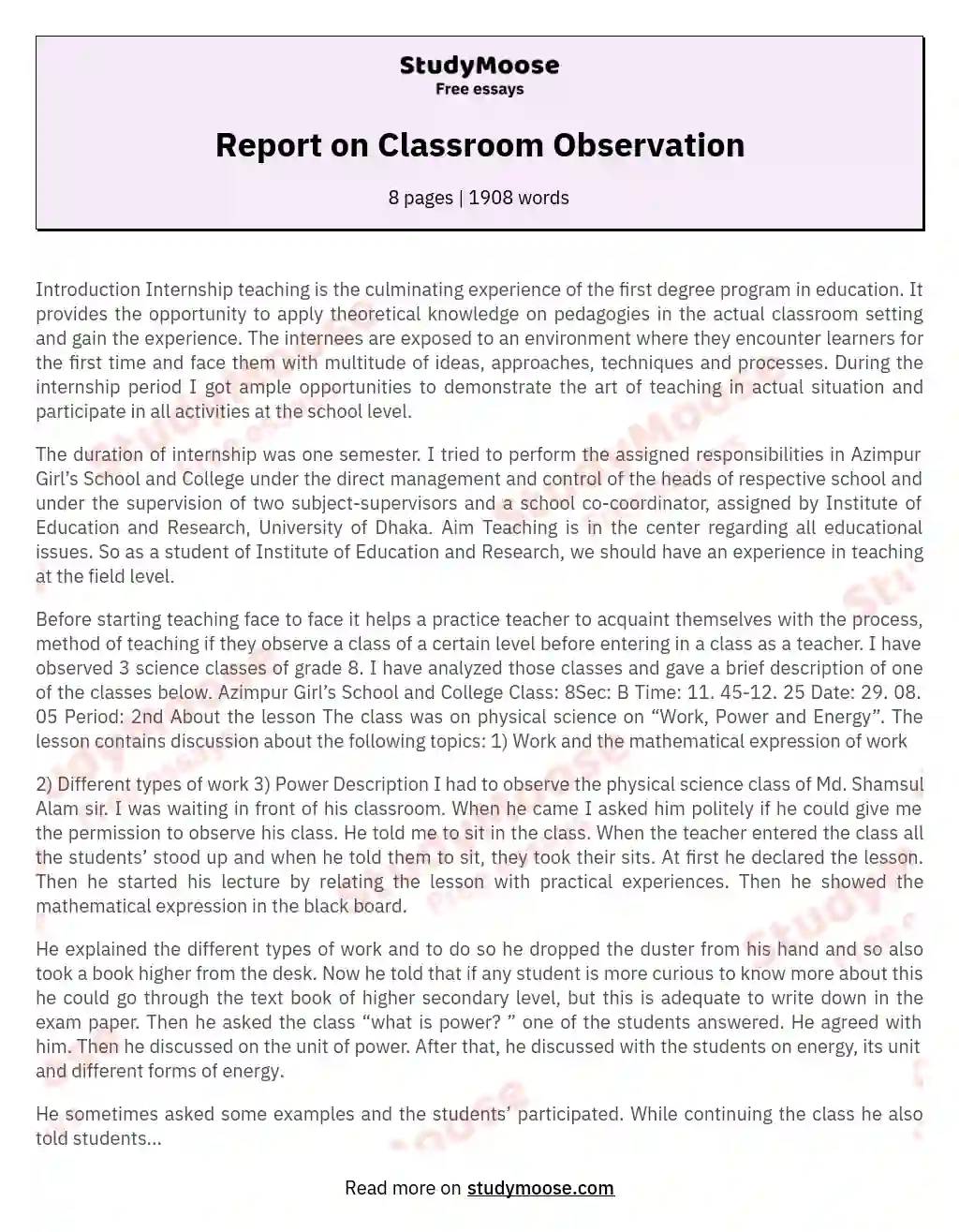 Report on Classroom Observation essay