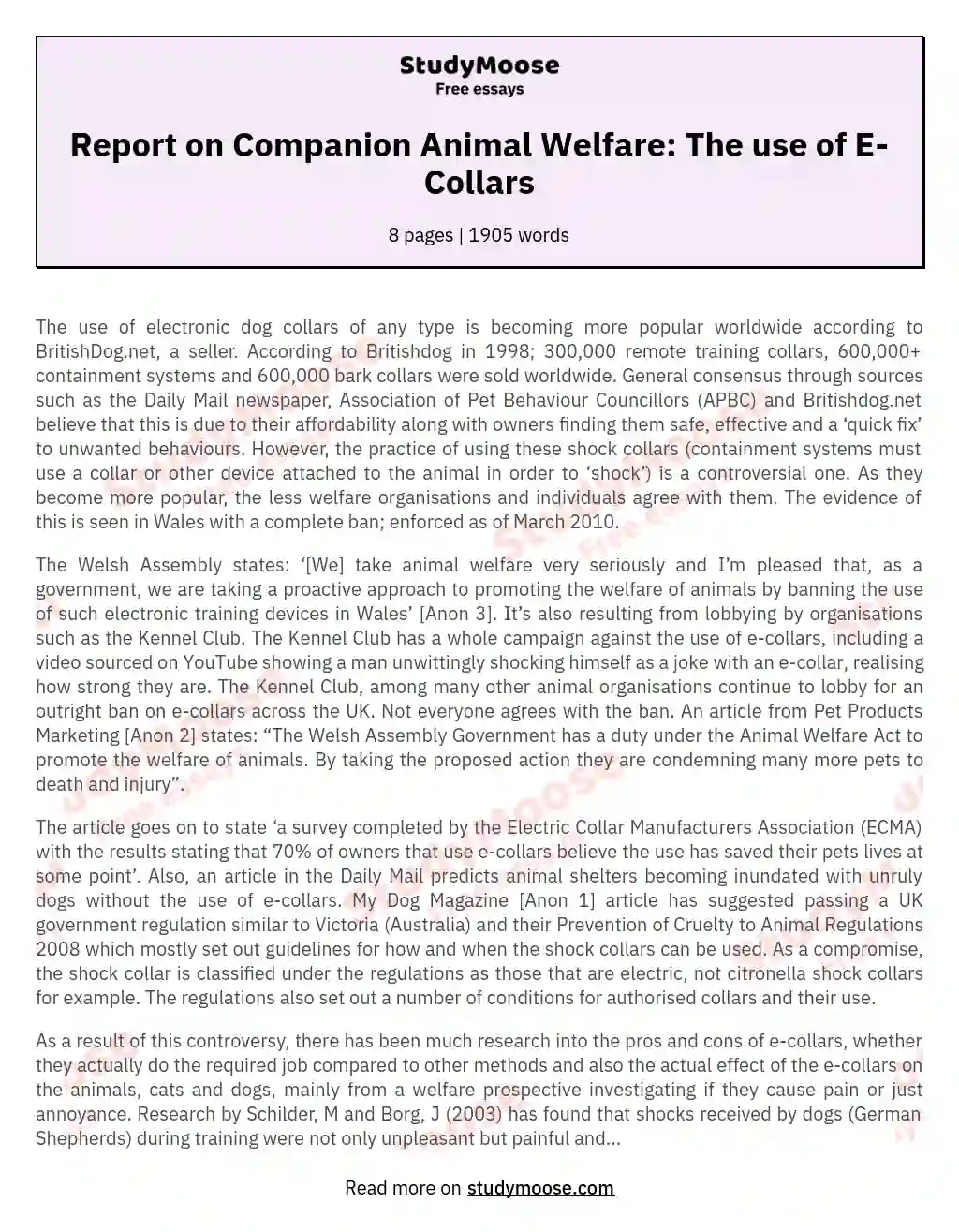 Report on Companion Animal Welfare: The use of E-Collars essay
