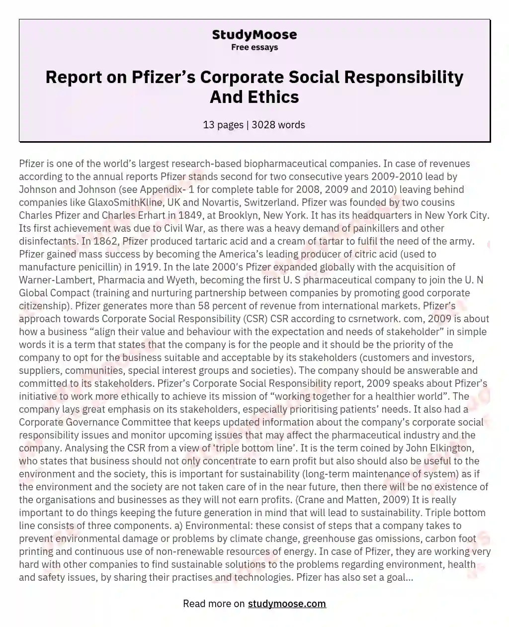 Report on Pfizer’s Corporate Social Responsibility And Ethics