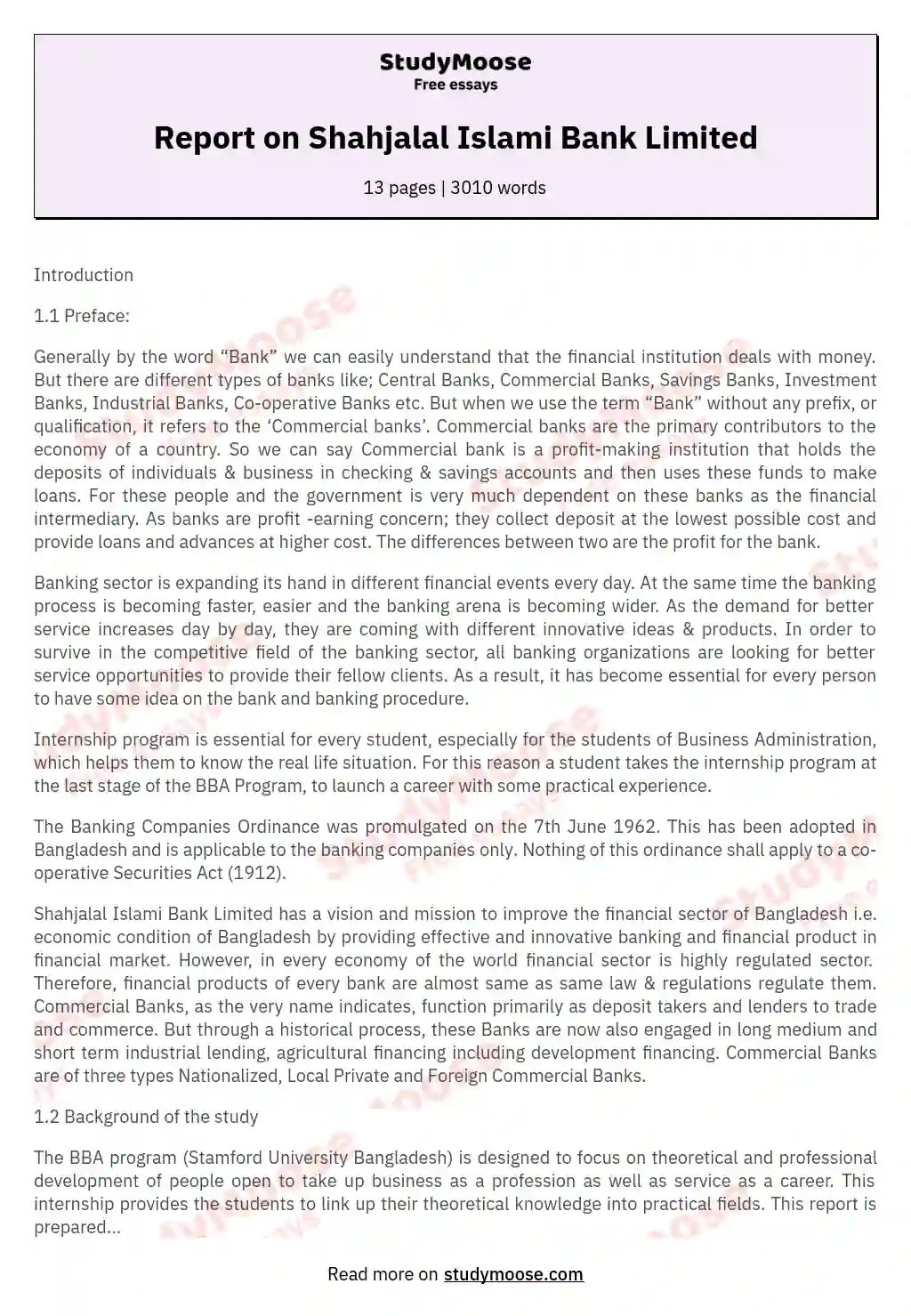 Report on Shahjalal Islami Bank Limited essay
