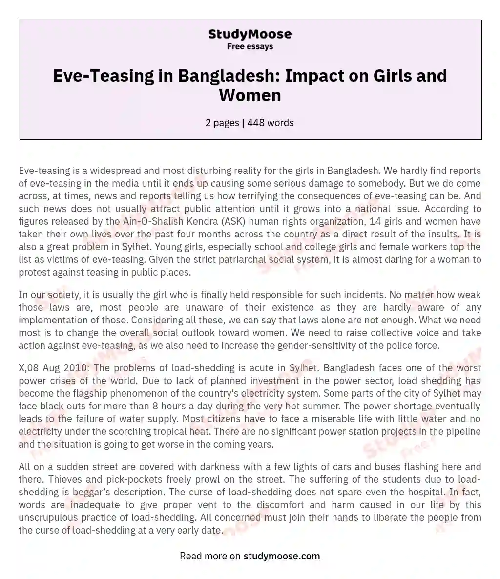 Eve-Teasing in Bangladesh: Impact on Girls and Women essay