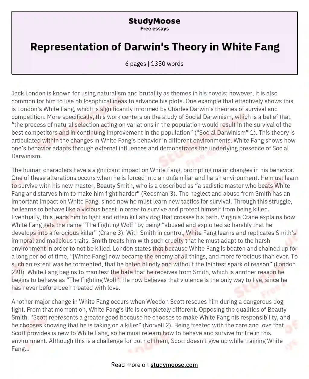 Representation of Darwin's Theory in White Fang essay