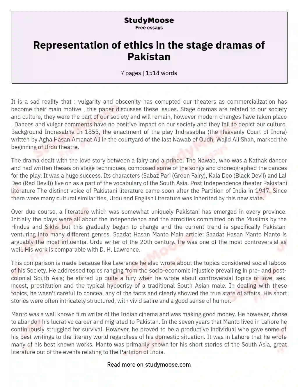 Representation of ethics in the stage dramas of Pakistan essay