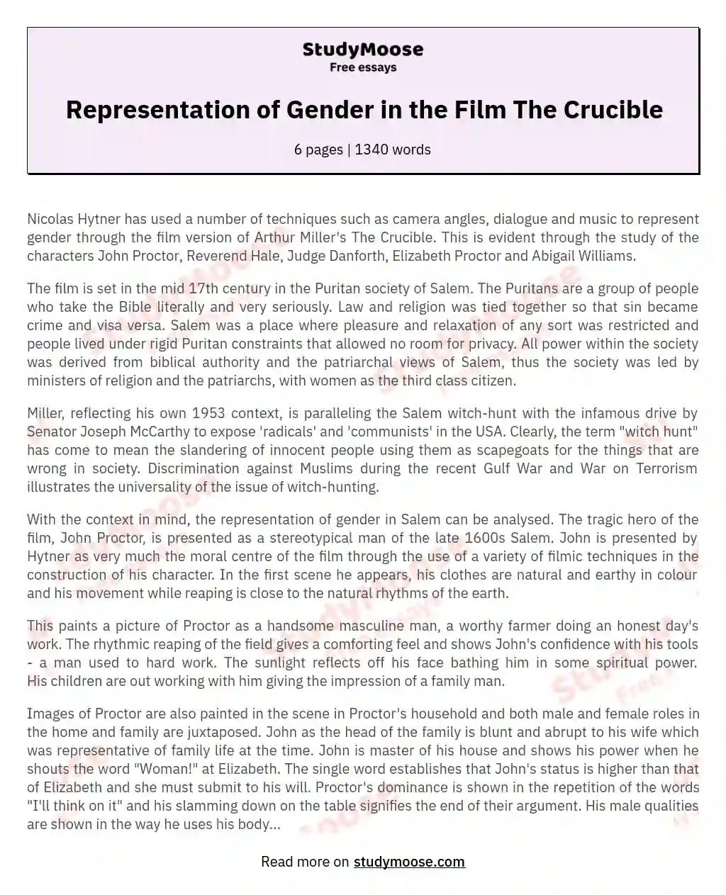 Representation of Gender in 'The Crucible' essay