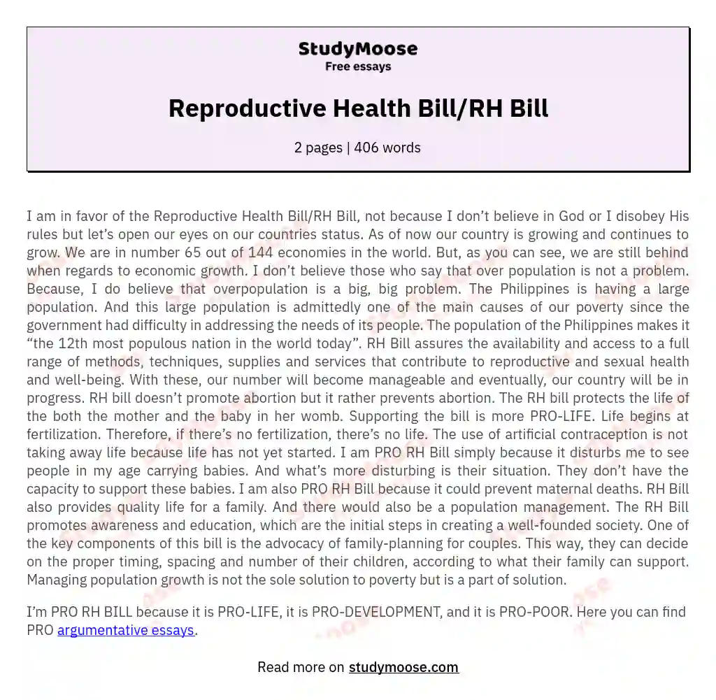 Reproductive Health Bill/RH Bill essay