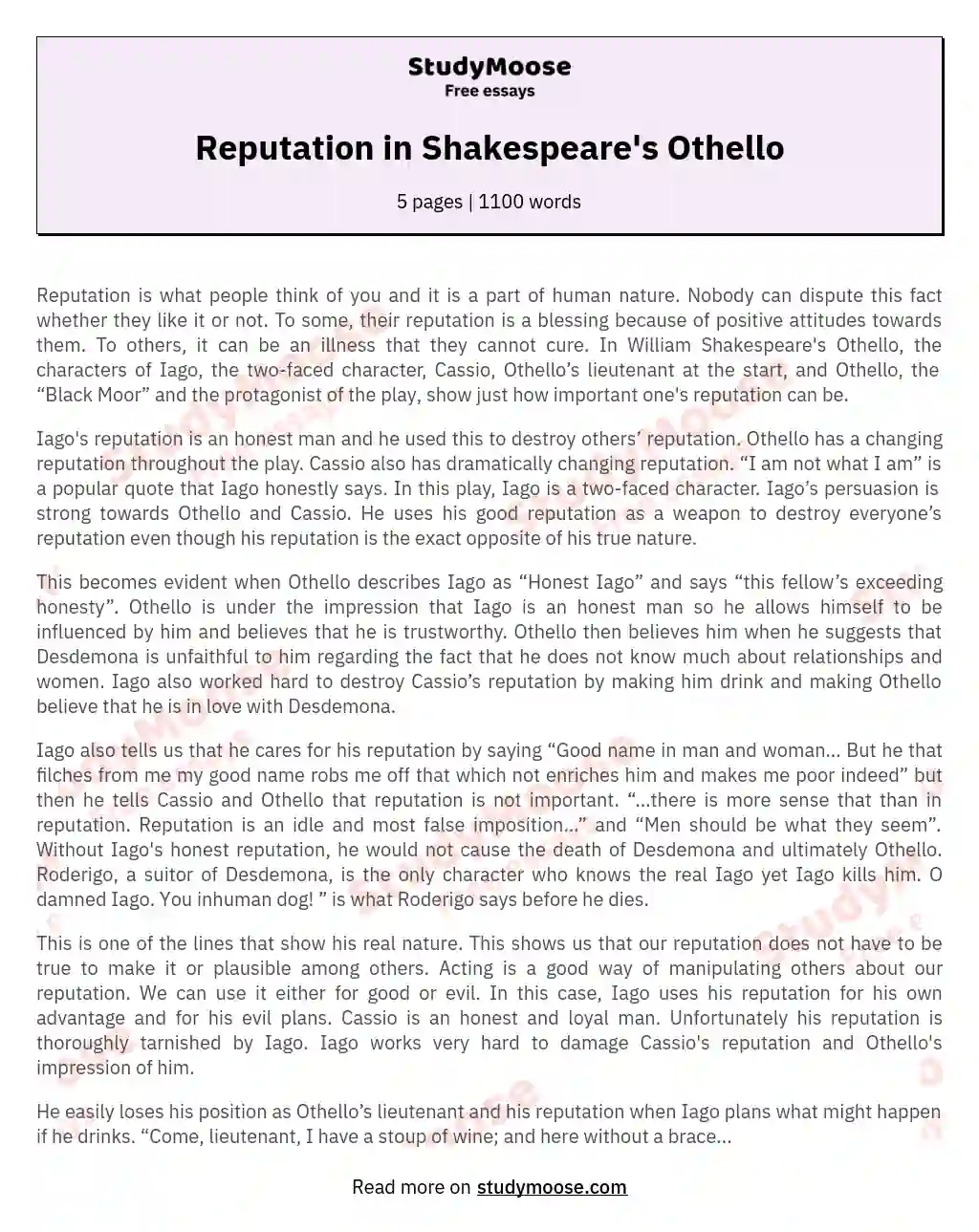 Reputation in Shakespeare's Othello essay