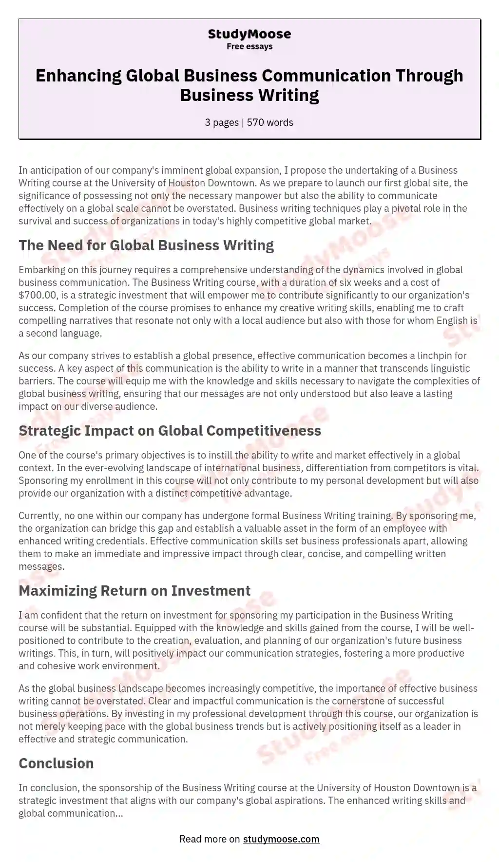 Enhancing Global Business Communication Through Business Writing essay