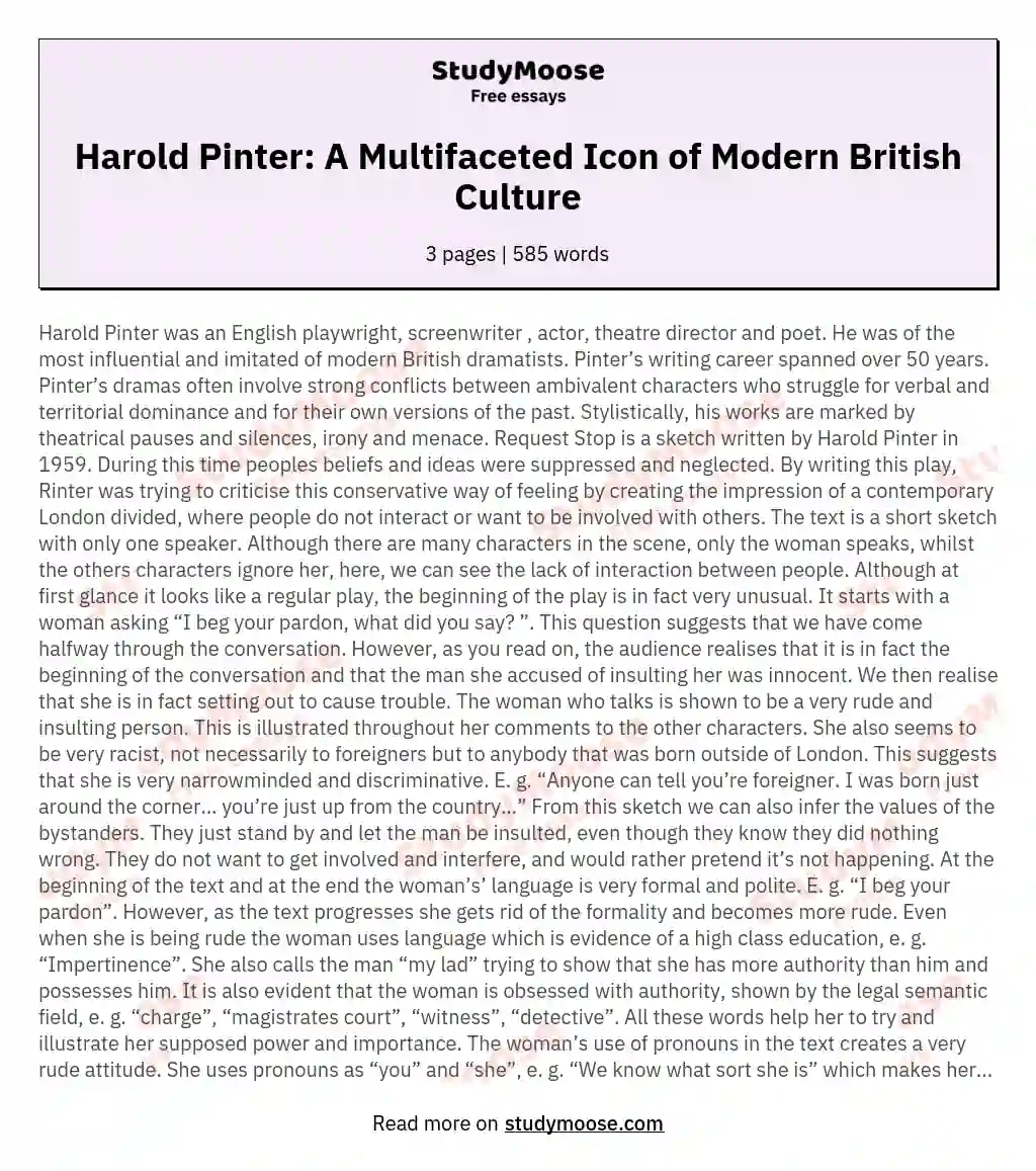 Harold Pinter: A Multifaceted Icon of Modern British Culture essay