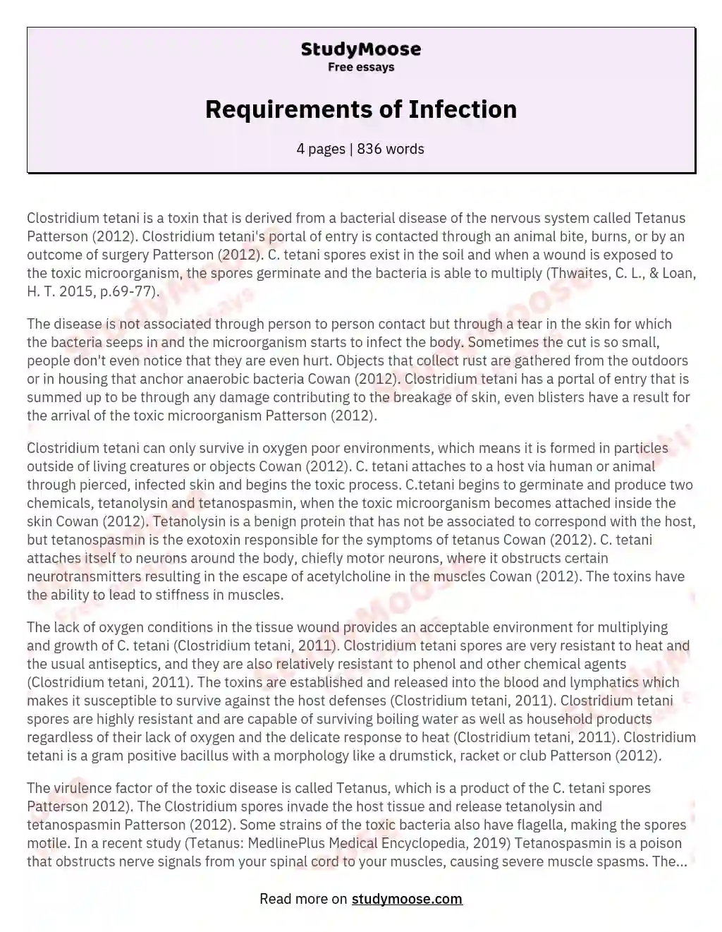 Requirements of Infection essay