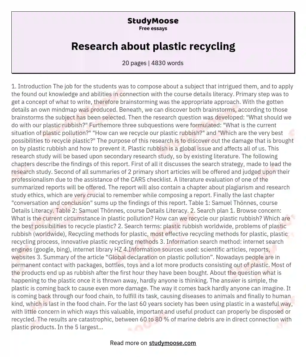 Research about plastic recycling essay