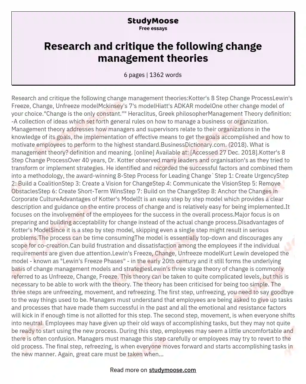 Research and critique the following change management theories essay