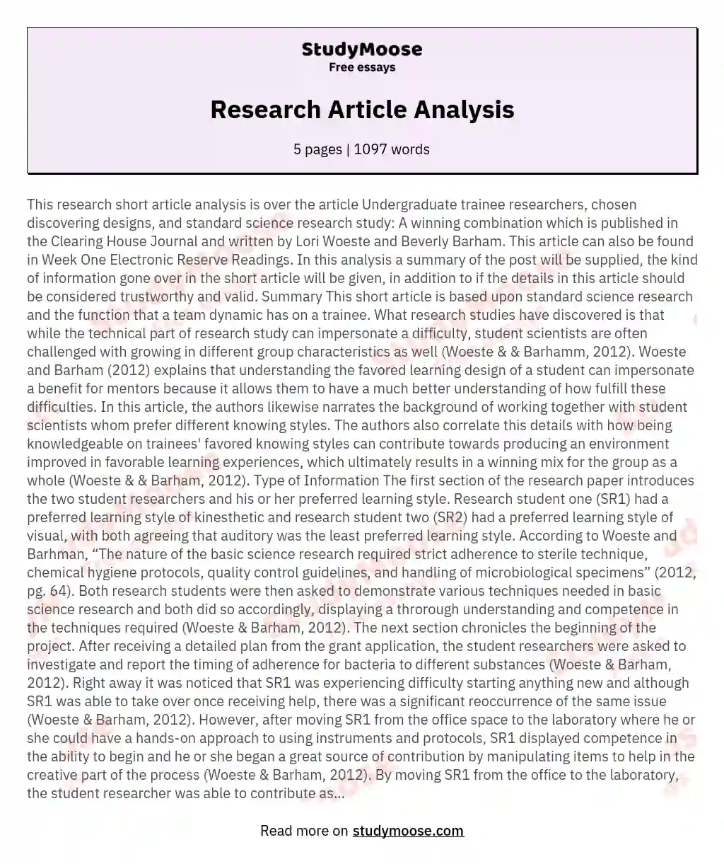 Research Article Analysis essay