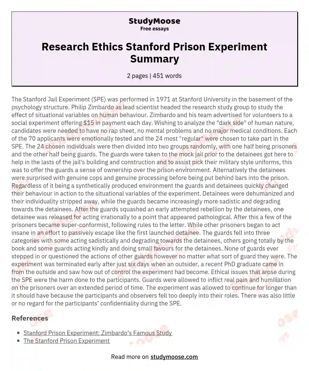 Research Ethics Stanford Prison Experiment Summary