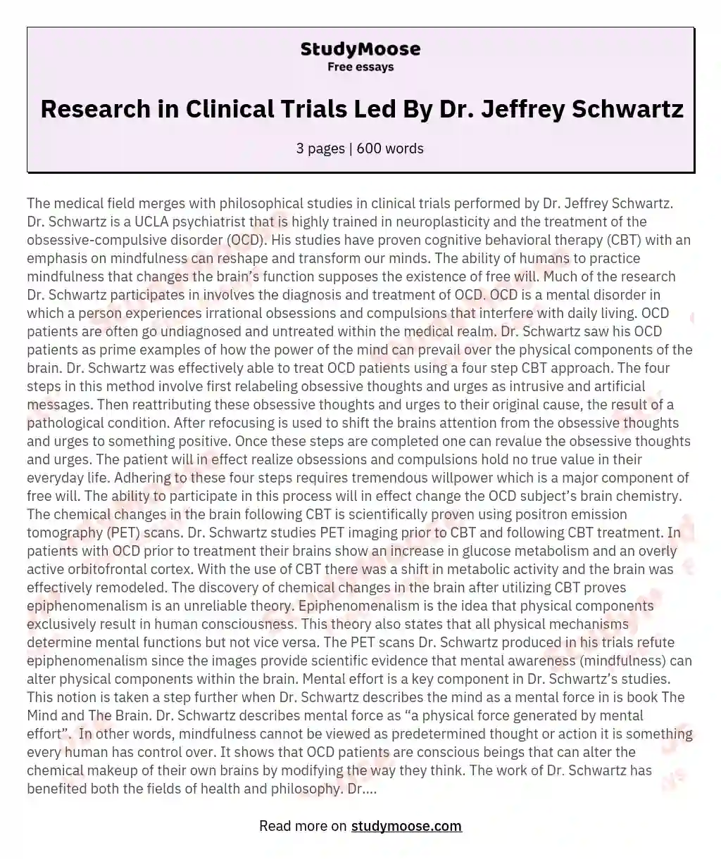 Research in Clinical Trials Led By Dr. Jeffrey Schwartz essay
