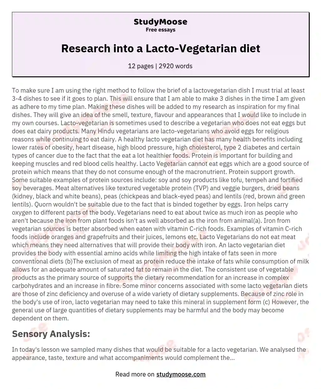 Research into a Lacto-Vegetarian diet essay