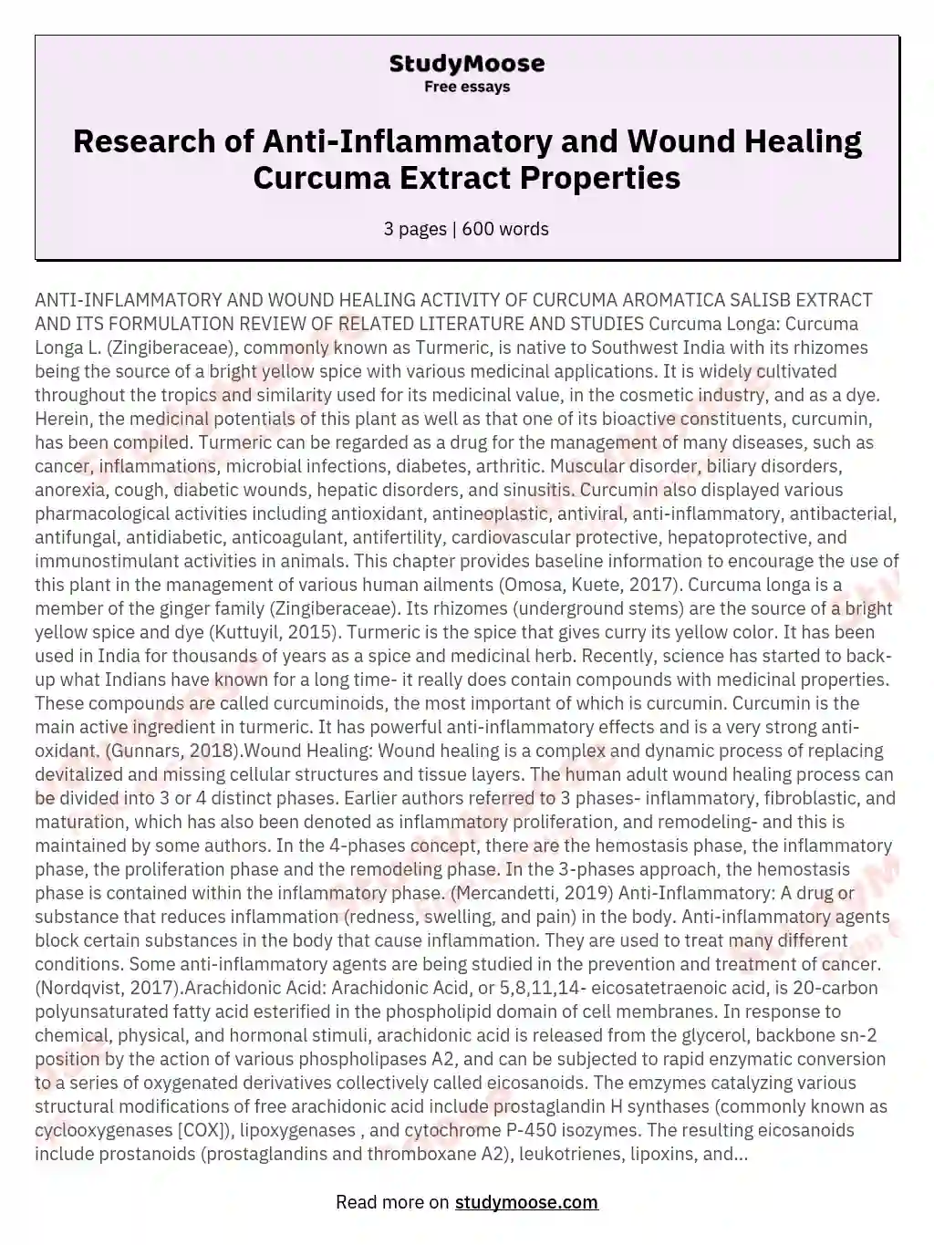 Research of Anti-Inflammatory and Wound Healing Curcuma Extract Properties essay