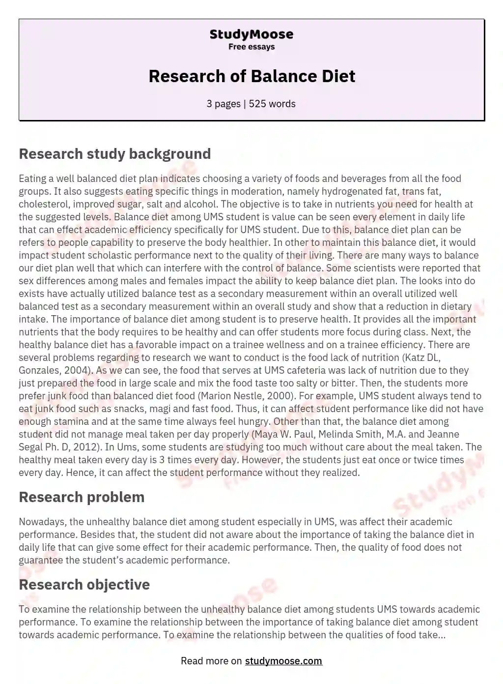 Research of Balance Diet essay